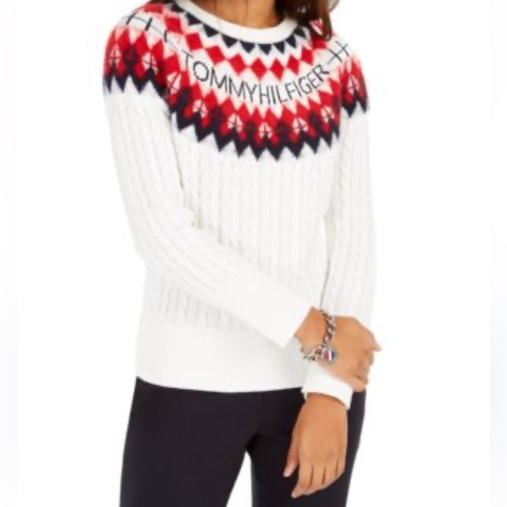 Womens Tommy Hilfiger Fair Isle Cable Knit Ski Sweater White Red Logo Size Large - Picture 6 of 12